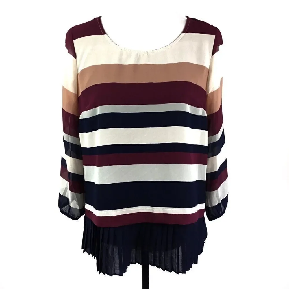 Skies are Blue Blouse Pleated Hem Ivory Blue Maroon Tan Striped Small